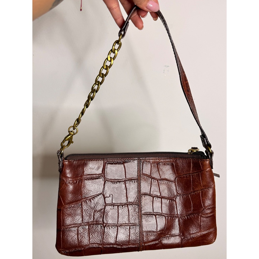 Fossil Brown Croc Embossed Leather Shoulder Bag Chain Strap SHB1122